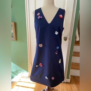 Navy blue Nicole Miller dress with flower embellishments, Size 10